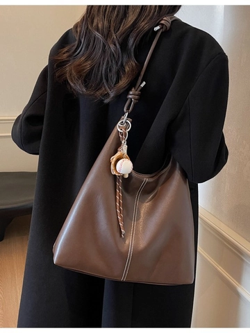 Borsa Tote da Donna in Pelle PU di Grande Capacità Cuciture a Contrasto Borsa a Spalla Hobo Ciondolo Baseball Handbag Retrò