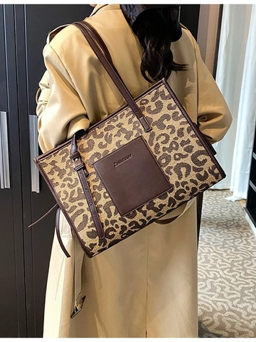 Damen Große Kapazität Tragetasche PU Leder Stoff Schachbrett Hahnentritt Leopardenmuster Vintage Umhängetasche Mami Tasche