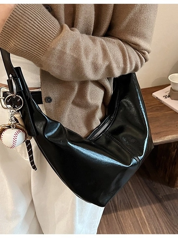 Women Glossy PU Leather Half Moon Hobo Crossbody Bag Large Capacity Zipper Shoulder Bag With Baseball Charm Solid Color Casual Bag