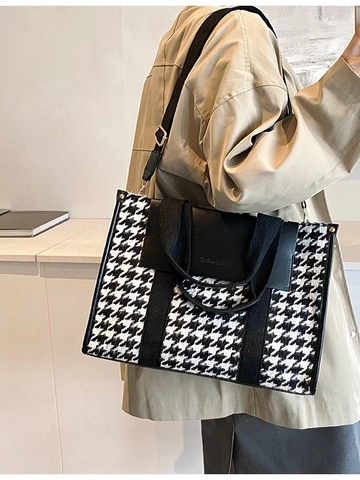 Grand Sac Fourre-tout PU Tissu Pied-de-poule Motif à Carreaux Quotidien Rétro Femmes Sac à Main Sac Bandoulière Sangle Réglable