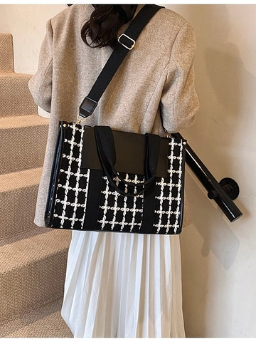 Grand Sac Fourre-tout PU Tissu Pied-de-poule Motif à Carreaux Quotidien Rétro Femmes Sac à Main Sac Bandoulière Sangle Réglable