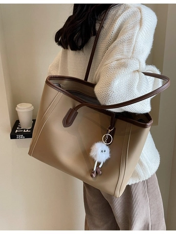 Große Kapazität PU-Leder Einkaufstasche Für Damen Minimalistische Mode Pendler Umhängetasche Mit Süßem Plüsch-Anhänger