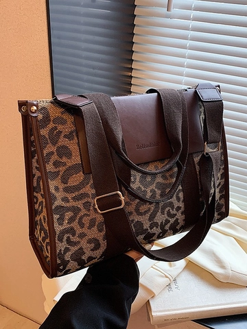 Bolso Tote Vintage a Cuadros Color de Contraste Gran Capacidad Mujer PU Tejido Leopardo Pata de Gallo Cuadros Hombro