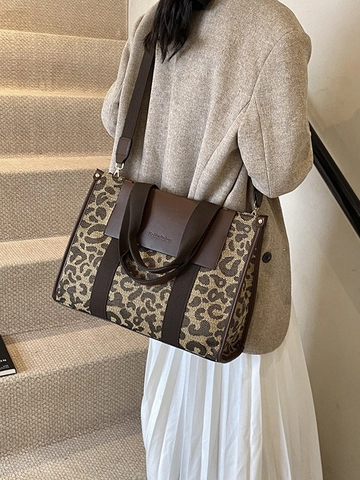 Bolso Tote Vintage a Cuadros Color de Contraste Gran Capacidad Mujer PU Tejido Leopardo Pata de Gallo Cuadros Hombro