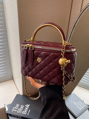Damen Gesteppter Rhombus Kosmetikkoffer Umhängetasche Mit Metallgriff Kette Gurt Goldkugel Verstellung Vintage PU Leder Box Schultertasche