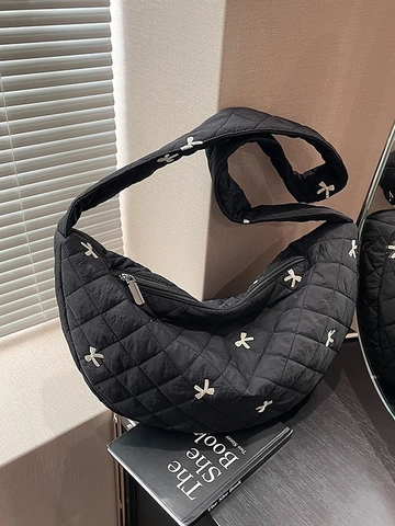 Damen Gesteppte Hobo-Tasche Große Kapazität Schleifenstickerei Rautenmuster Schultertasche Umhängetasche Dumpling-Tasche Weiches Nylon
