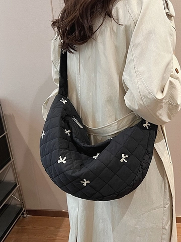 Bolso Hobo Acolchado para Mujer Gran Capacidad Bordado de Lazos Patrón de Rombos Bolso de Hombro Bandolera Bolso Dumpling Nylon Suave
