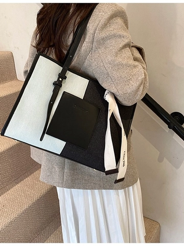 Bolso de Mano de Denim para Mujer Gran Capacidad Bloque de Color Bolso de Hombro Con Cinta Decorativa Casual Moda Compras Bolso