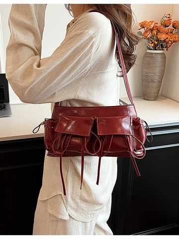 Dames Glanzende PU Leren Onderarm Tas Strik Geplooid Multi Pocket Cargo Baguette Schoudertas Zoete Reistas