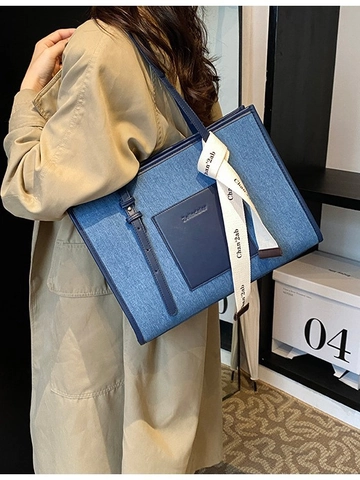 Bolso de Mano de Denim para Mujer Gran Capacidad Bloque de Color Bolso de Hombro Con Cinta Decorativa Casual Moda Compras Bolso