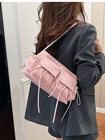 Dames Glanzende PU Leren Onderarm Tas Strik Geplooid Multi Pocket Cargo Baguette Schoudertas Zoete Reistas