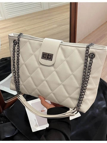 Women Quilted Chain Tote Bag Large Capacity PU Leather Rhombus Stitching Shoulder Bag Metal Turn Lock Commuter Handbag