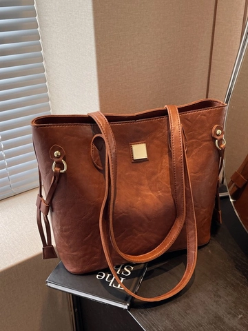 Vintage Große Kapazität PU Leder Tote Bag Für Damen Retro Einfarbig Umhängetasche Mit Metallschnalle Täglich Büro Handtasche