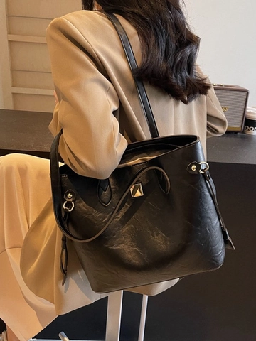 Vintage Große Kapazität PU Leder Tote Bag Für Damen Retro Einfarbig Umhängetasche Mit Metallschnalle Täglich Büro Handtasche