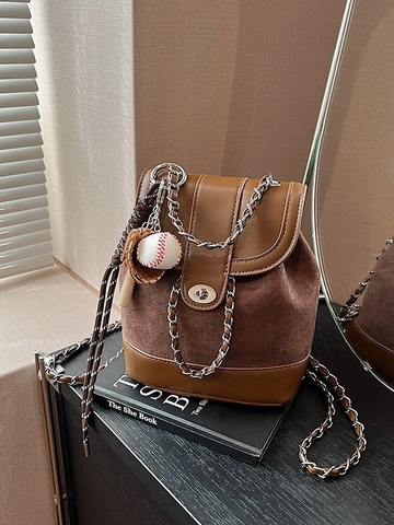 Women Vintage Matte Suede PU Leather Mini Backpack Fashion Chain Strap Bucket Bag With Baseball Pendant For Women Daily