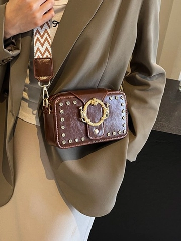 Vintage Damen PU Leder Umhängetasche Mit Nieten Dekor Löwenkopf Schnalle Breiter Gewebter Schultergurt Mode Kleine Tasche
