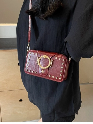 Vintage Damen PU Leder Umhängetasche Mit Nieten Dekor Löwenkopf Schnalle Breiter Gewebter Schultergurt Mode Kleine Tasche