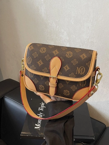 Vintage Monogram Crossbody Bag For Women Luxury PU Leather Small Square Bag With Adjustable Wide Strap Fashion Shoulder Bag
