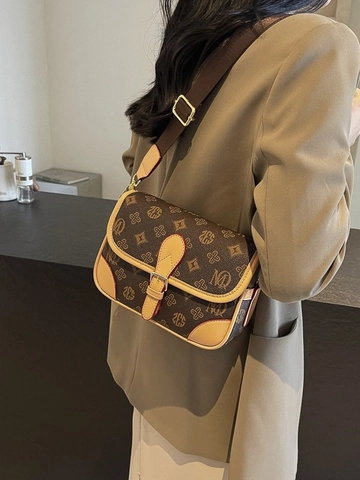 Vintage Monogram Crossbody Bag For Women Luxury PU Leather Small Square Bag With Adjustable Wide Strap Fashion Shoulder Bag
