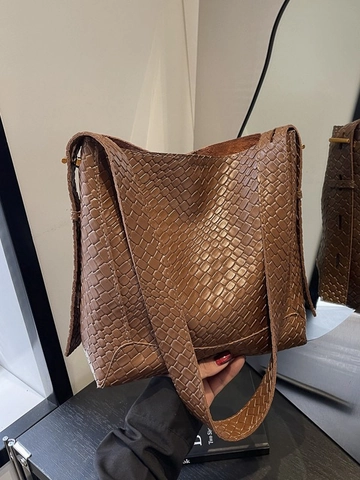 Borsa a Tracolla in Pelle PU con Motivo Intrecciato Vintage da Donna Grande Capacità Moda Urbana Pendolarismo Borsa a Secchiello Borsa Tote Casual Borsa a Mano Morbida