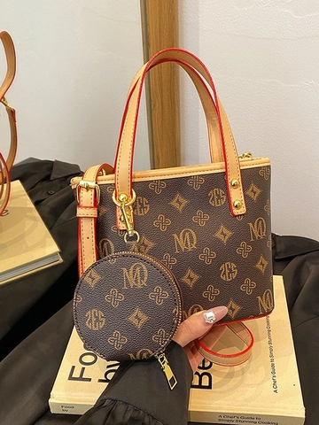 Borsa a Secchiello Monogram Vintage da Donna Con Portamonete Rotondo in Pelle PU Tracolla Cuciture a Contrasto