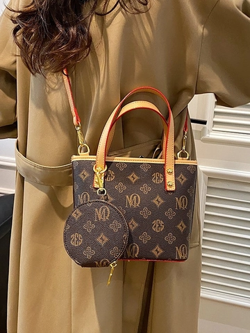 Borsa a Secchiello Monogram Vintage da Donna Con Portamonete Rotondo in Pelle PU Tracolla Cuciture a Contrasto