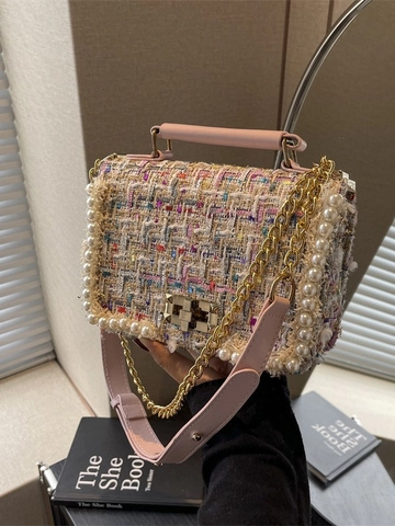 Borsa a Tracolla Elegante in Tweed con Künstliche Perle da Donna Catena di Moda Borsa Quadrata Vintage con Manico