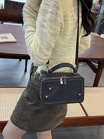 Damen Nischen Design Umhängetasche PU Leder Denim Box Handtasche Mit Nieten Reißverschluss Mode Kleine Quadratische Tasche
