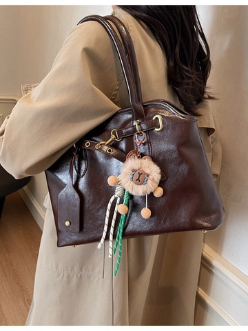 Damen Vintage PU Leder Tragetasche Große Kapazität Umhängetasche Lässige Handtasche Mit Plüsch Anhänger Einfarbig Mode Tasche