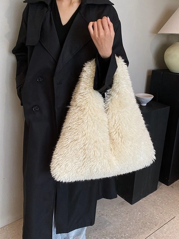 Women's Large Capacity Plush Shoulder Bag Faux Fur Fluffy Tote Bag Soft Winter Commuter Handbag Hobo Underarm Bag