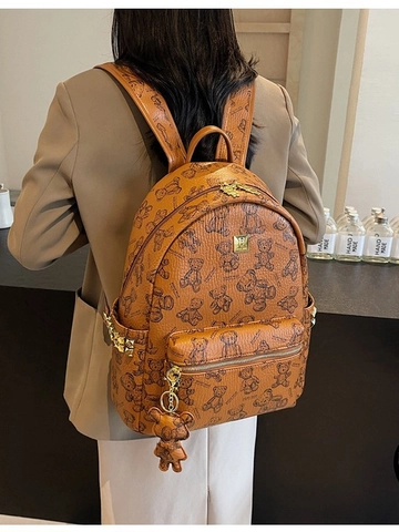 Women Fashion PU Leather Backpack With Teddy Bear Print Golden Rivet Large Capacity Schoolbag For Travel Daily Commute