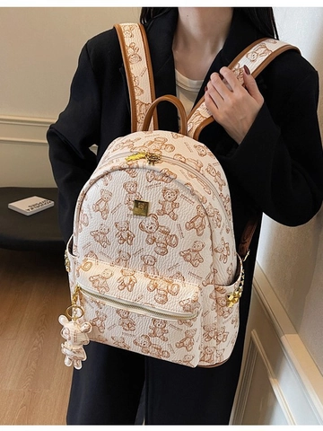 Women Fashion PU Leather Backpack With Teddy Bear Print Golden Rivet Large Capacity Schoolbag For Travel Daily Commute
