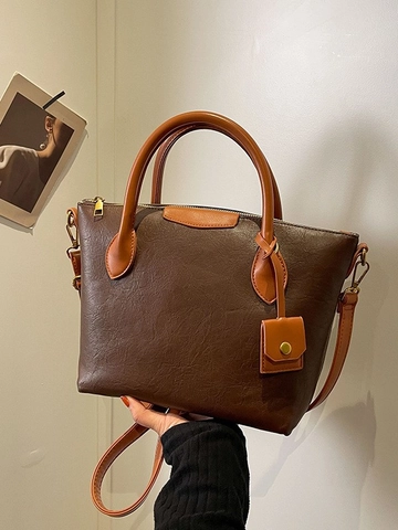 Bolso Tote de Cuero PU Vintage para Mujer Gran Capacidad Color de Contraste Bolso Bandolera Versátil Con Correa Ajustable
