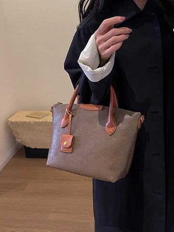 Bolso Tote de Cuero PU Vintage para Mujer Gran Capacidad Color de Contraste Bolso Bandolera Versátil Con Correa Ajustable
