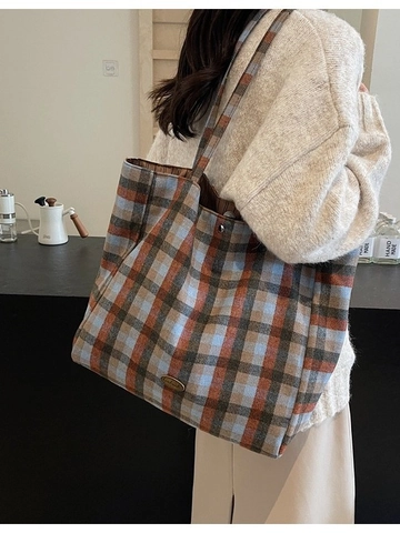 Retro Plaid Tote Bag Large Capacity Canvas Shoulder Bag British Style Checkered Shopping Handbag With Magnetic Buckle