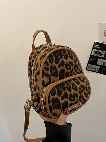 Women Fashion Leopard Print Mini Backpack Plush Synthetic Leather Small Bookbag For Casual Travel Shoulder Bag