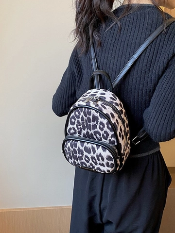 Women Fashion Leopard Print Mini Backpack Plush Synthetic Leather Small Bookbag For Casual Travel Shoulder Bag