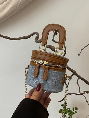 Bolso Cubo de Mezclilla Mini Vintage Correa de Cadena Cuero PU Patchwork Color de Contraste Mujer Pequeño Bolso Moda
