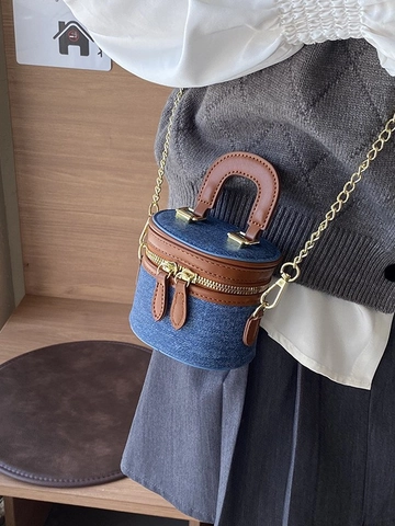 Bolso Cubo de Mezclilla Mini Vintage Correa de Cadena Cuero PU Patchwork Color de Contraste Mujer Pequeño Bolso Moda