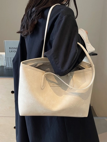 Large Capacity Tote Bag For Women Vintage PU Leather Shoulder Bag Minimalist Commuting Handbag Solid Color Elegant Bag