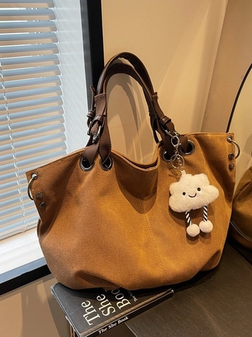 Vintage Canvas Tote Bag With Cloud Pendant For Women Large Capacity Crossbody Shoulder Bag Casual Commuter Solid Color Handbag
