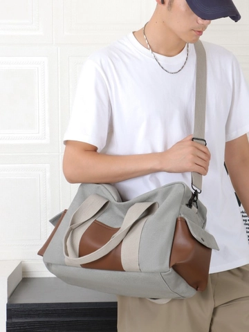 Grote Capaciteit Canvas Reistas Met Lederen Stiksels Multi Pocket Duffel Bag Voor Weekend Gym Korte Reis Mannen Vrouwen