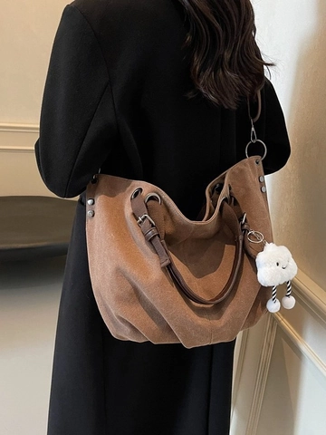 Vintage Canvas Tote Bag With Cloud Pendant For Women Large Capacity Crossbody Shoulder Bag Casual Commuter Solid Color Handbag