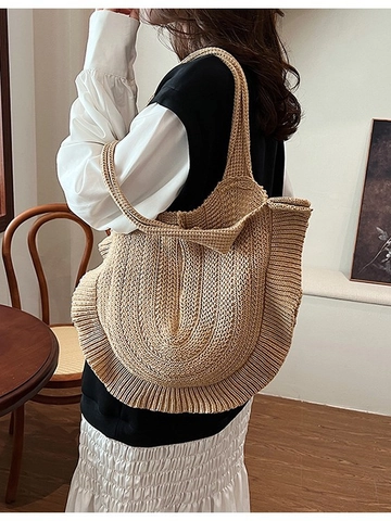 Damen Vintage Gestrickte Schultertasche Mit Rüschen Minimalistische Gewebte Tragetasche Große Kapazität Koreanischer Stil Handtasche