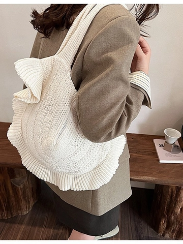 Damen Vintage Gestrickte Schultertasche Mit Rüschen Minimalistische Gewebte Tragetasche Große Kapazität Koreanischer Stil Handtasche