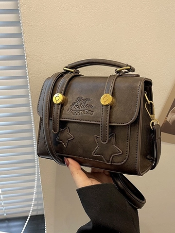 Vintage PU Leder Kleine Umhängetasche Damen Retro Stern Dekor Messenger Bag Top Griff Verstellbarer Gurt Mode Vielseitige Tasche