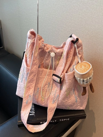 Women Large Capacity Quilted Tote Bag Rainbow Embroidery Drawstring Crossbody Bag Casual Commuter Shoulder Bag With Plush Charm