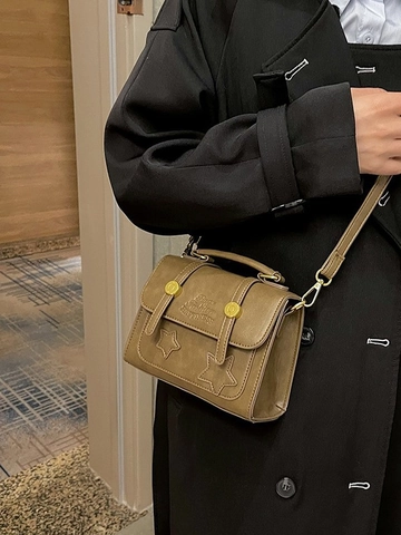 Vintage PU Leder Kleine Umhängetasche Damen Retro Stern Dekor Messenger Bag Top Griff Verstellbarer Gurt Mode Vielseitige Tasche