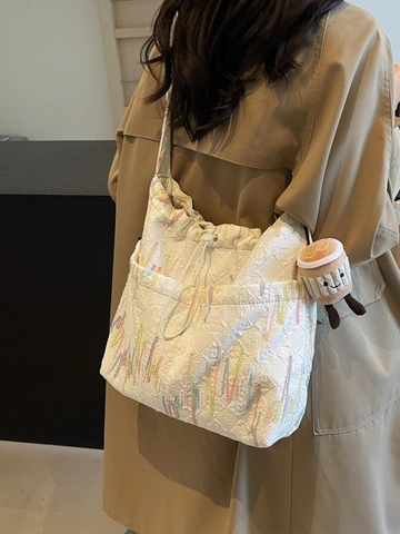 Women Large Capacity Quilted Tote Bag Rainbow Embroidery Drawstring Crossbody Bag Casual Commuter Shoulder Bag With Plush Charm