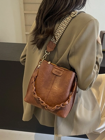 Borsa a Secchiello in Pelle PU Vintage da Donna Grande Capacità Tracolla Manico Intrecciato Motivo Geometrico Spallina Larga